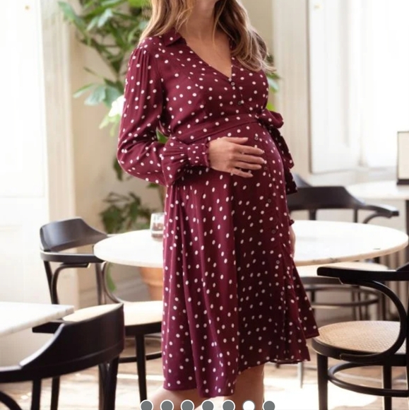 Seraphine Burgundy Polka Dot Maternity & Nursing Shirt Dress - Picture 6 of 10